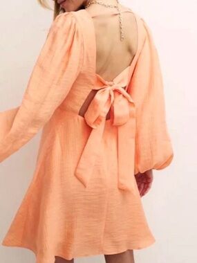 NWT Nobody’s Child Sz 6P Zola Mini Dress Orange Open-Back Bow Tie Ballon Sleeves